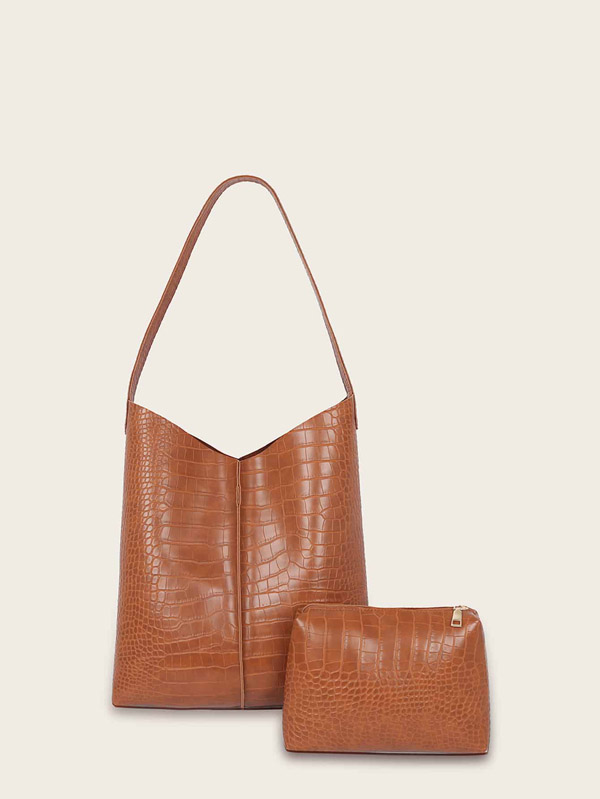 Croc Embossed Tote Bag With Inner Pouch